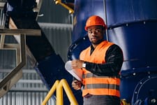 African american worker standing in uniform wearing a safety hat in a factory